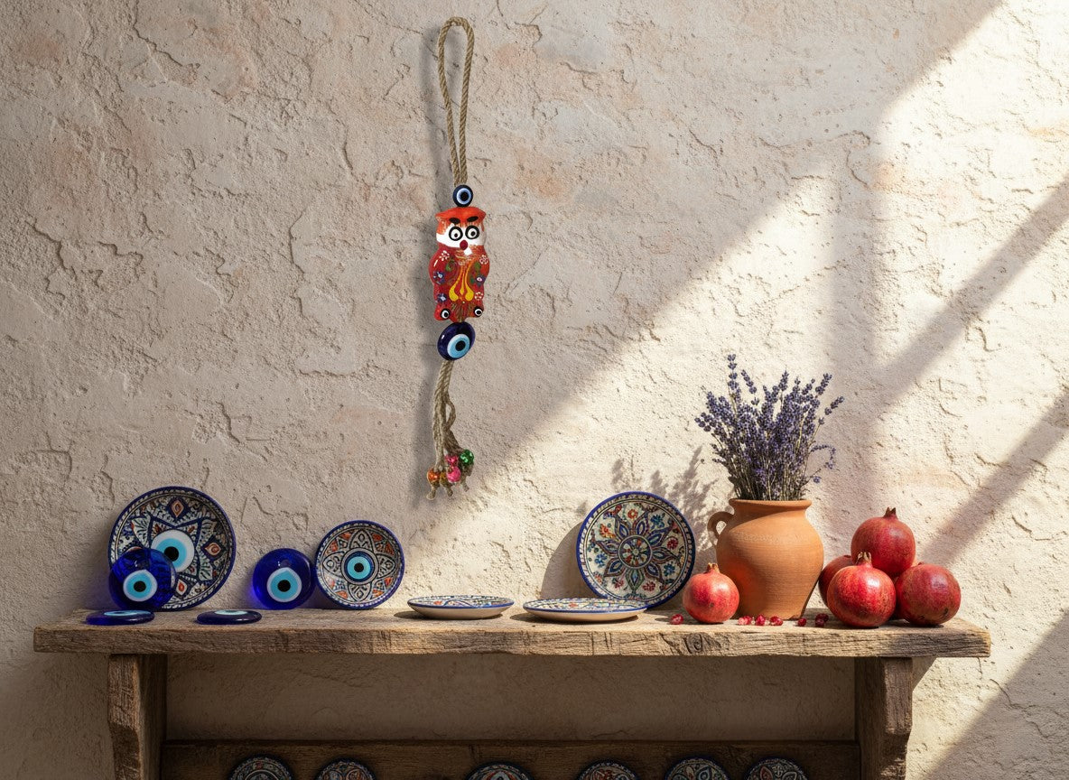 Owl Evil Eye Ceramic Wall Hanging|Turkish Home Decor