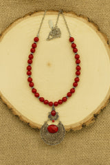 Elegant Red Beaded Pendant Necklace with Silver color centerpiece