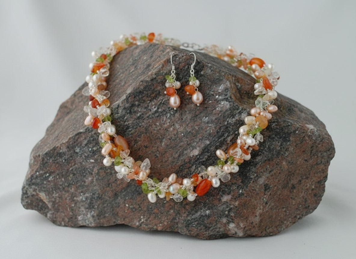 Freshwater Pearl & Natural Stone Necklace and Earrings Set