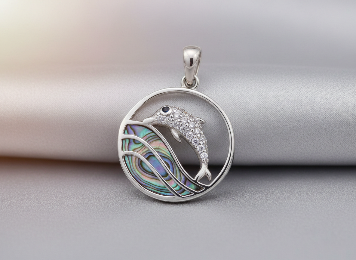 925 sterling silver dolphin pendant with abalone shell design showcasing a dolphin jumping over waves.