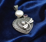 925 Sterling Silver Heart Pendant with Pearl, garnet & Dragonfly (no chain)