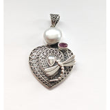925 Sterling Silver Heart Pendant with Pearl, garnet & Dragonfly (no chain)