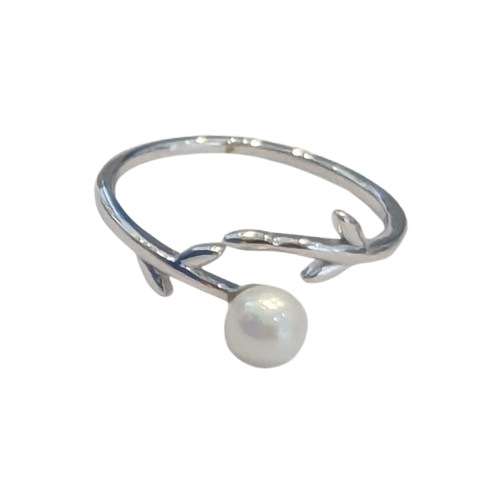 Sterling Silver Leaf & Pearl Adjustable Ring