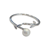 Sterling Silver Leaf & Pearl Adjustable Ring