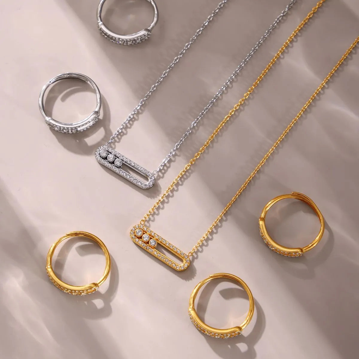 Moving Crystal Bar Necklace and Ring Jewelry Set