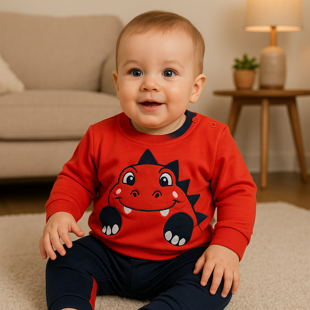 Red and navy cotton baby top and pants set – unisex infant outfit made in Turkey
