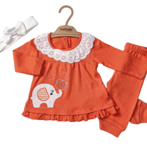 3-piece baby girl outfit with lace collar and elephant design – cotton blend made in Turkey