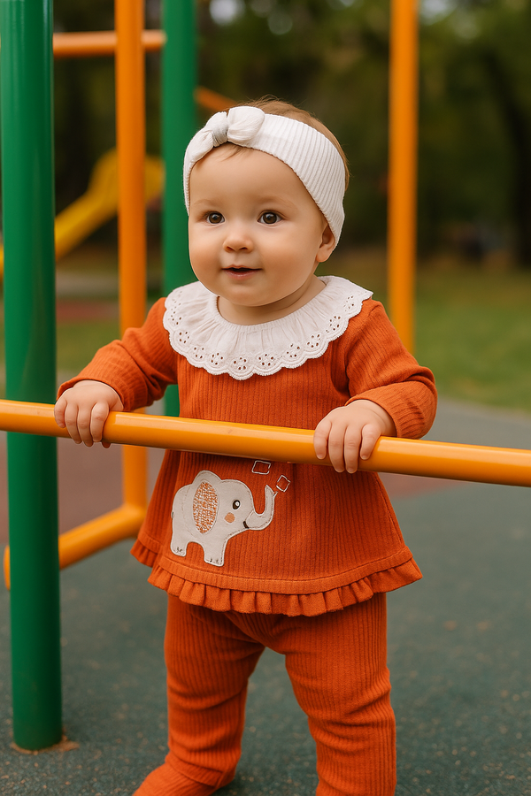 3-piece baby girl outfit with lace collar and elephant design – cotton blend made in Turkey

