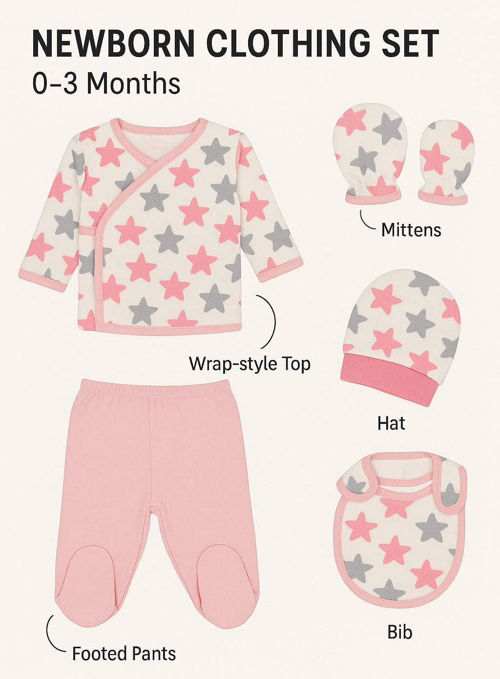 5-piece newborn cotton baby clothing set with star design – made in Turkey