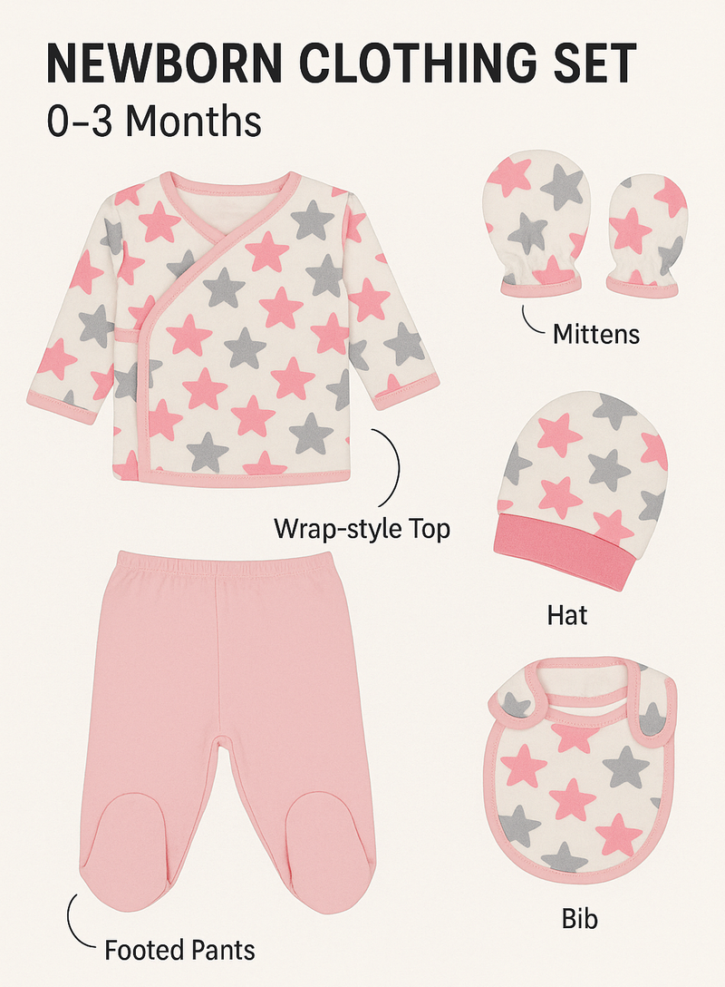 Newborn clothing set with wrap-style top, footed pants, hat, mittens, and bib with star pattern on a white background.