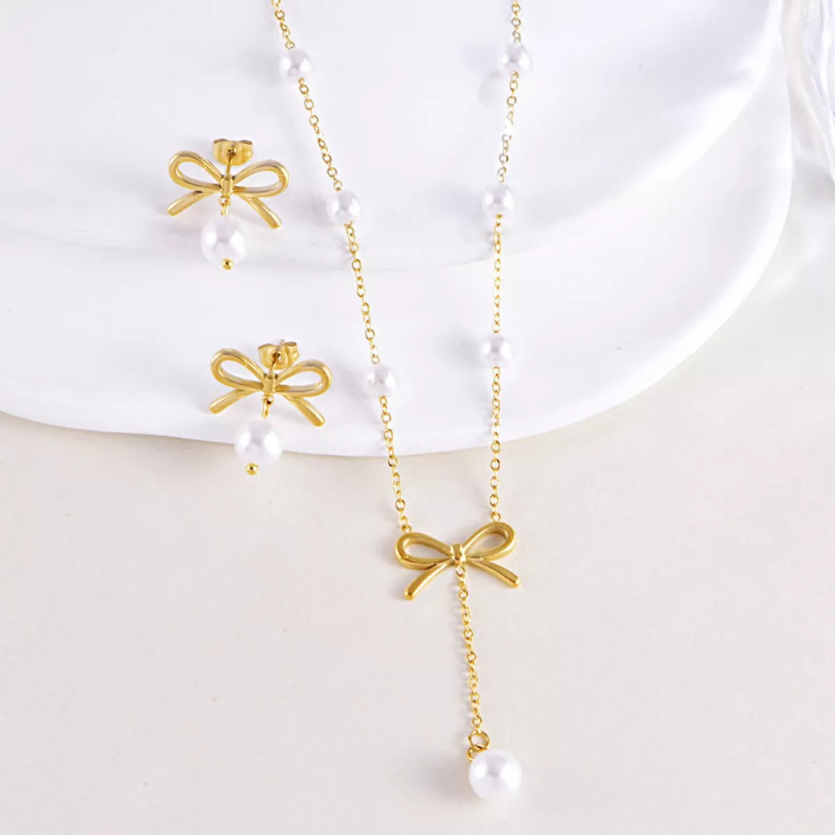  18K Gold-Plated Bowknot Pearl Jewelry Set