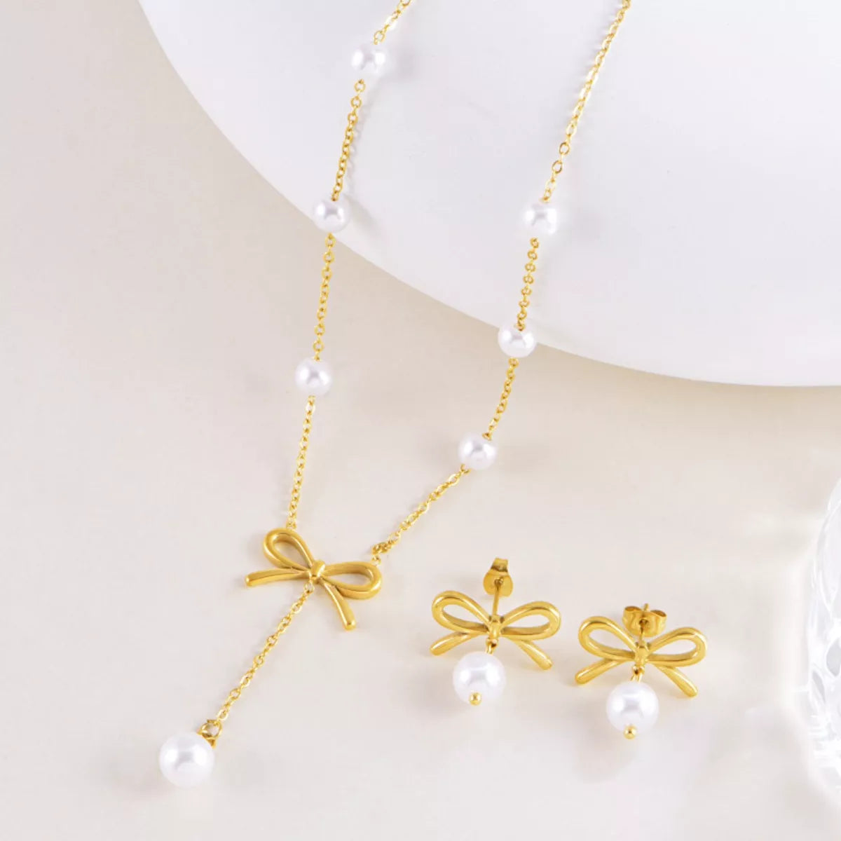  18K Gold-Plated Bowknot Pearl Jewelry Set