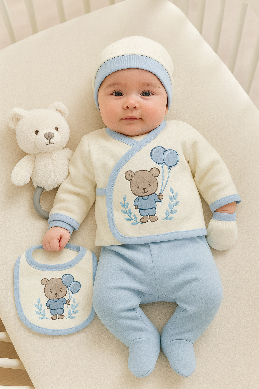 5-piece baby clothing set with bear and balloon design – 0–3 months – 100% cotton – made in Turkey