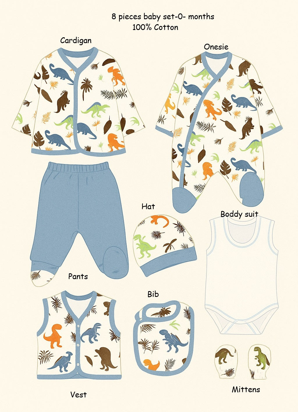 8-piece dinosaur baby clothing set for newborn boys 0–3 months in cotton
