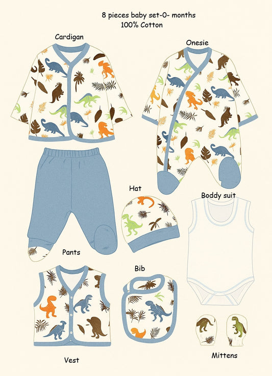 8-piece dinosaur baby clothing set for newborn boys 0–3 months in cotton