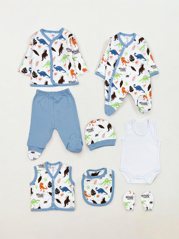 8-piece dinosaur baby clothing set for newborn boys 0–3 months in cotton

