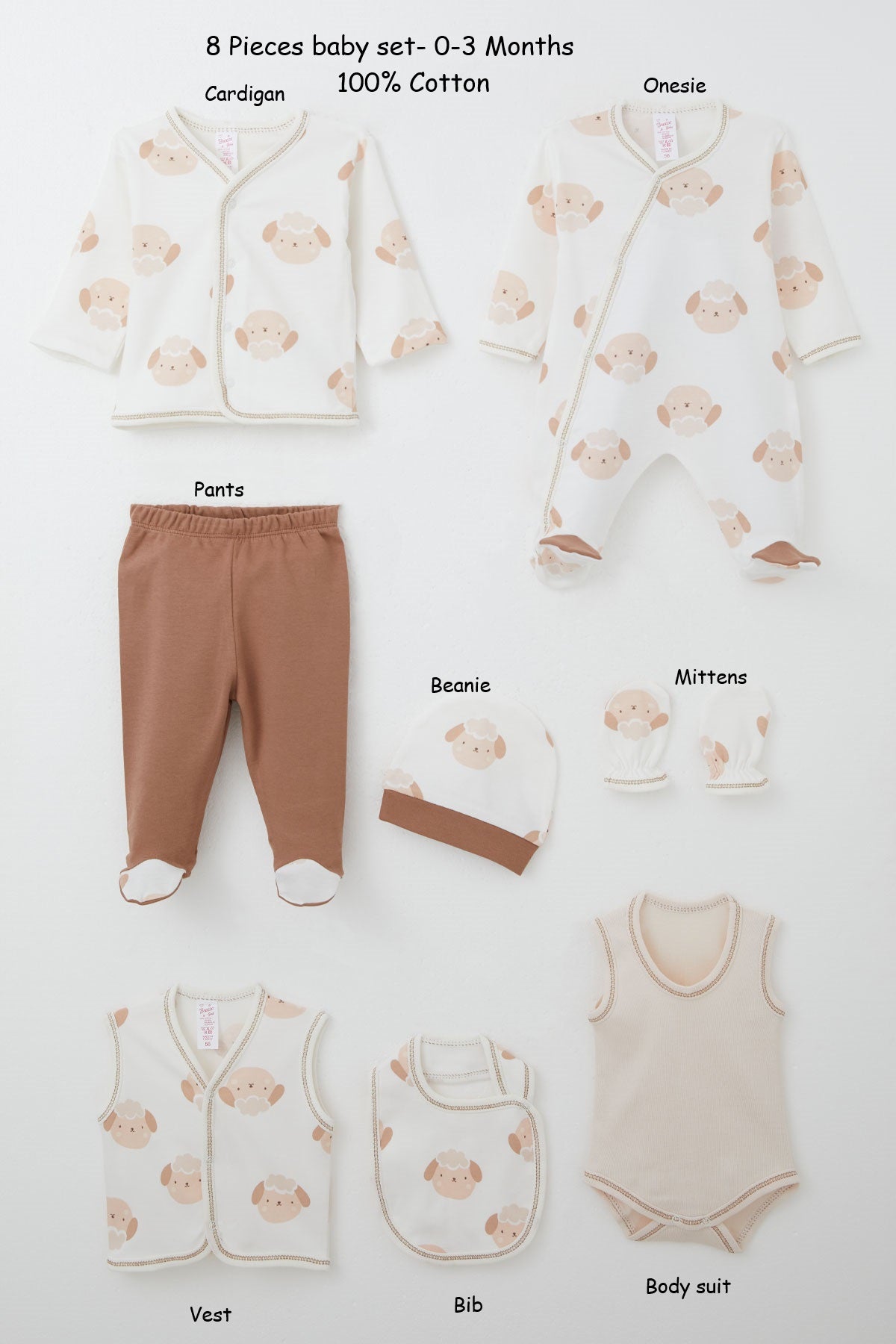 8-Piece Sheep Baby Set-100% Cotton – unisex gift set 0–3 months