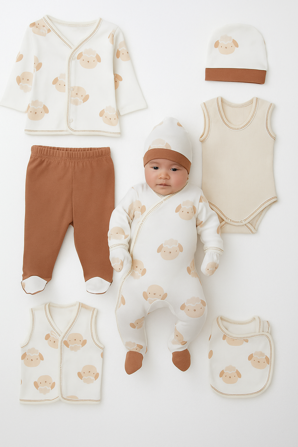8-Piece Sheep Baby Set-100% Cotton – unisex gift set 0–3 months

