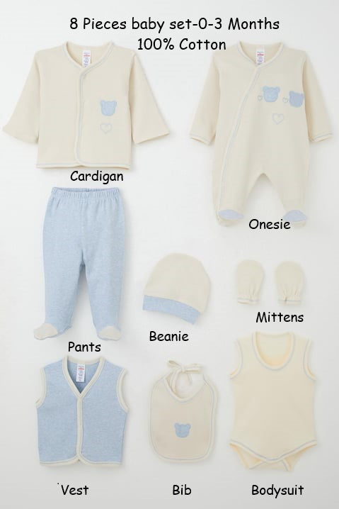 Cotton 8-piece baby clothing set with bear design – newborn gift set 0–3 months


