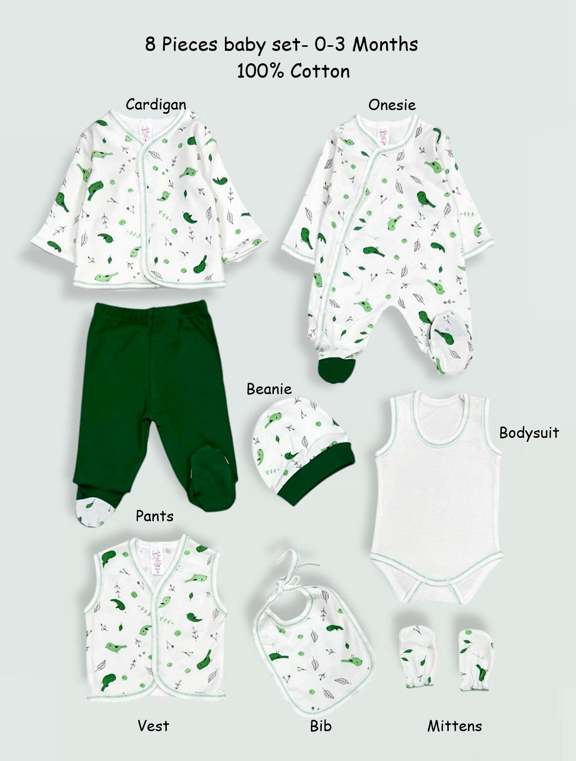 Neutral newborn baby 8-piece clothing set – 100% cotton, 0-3 months
