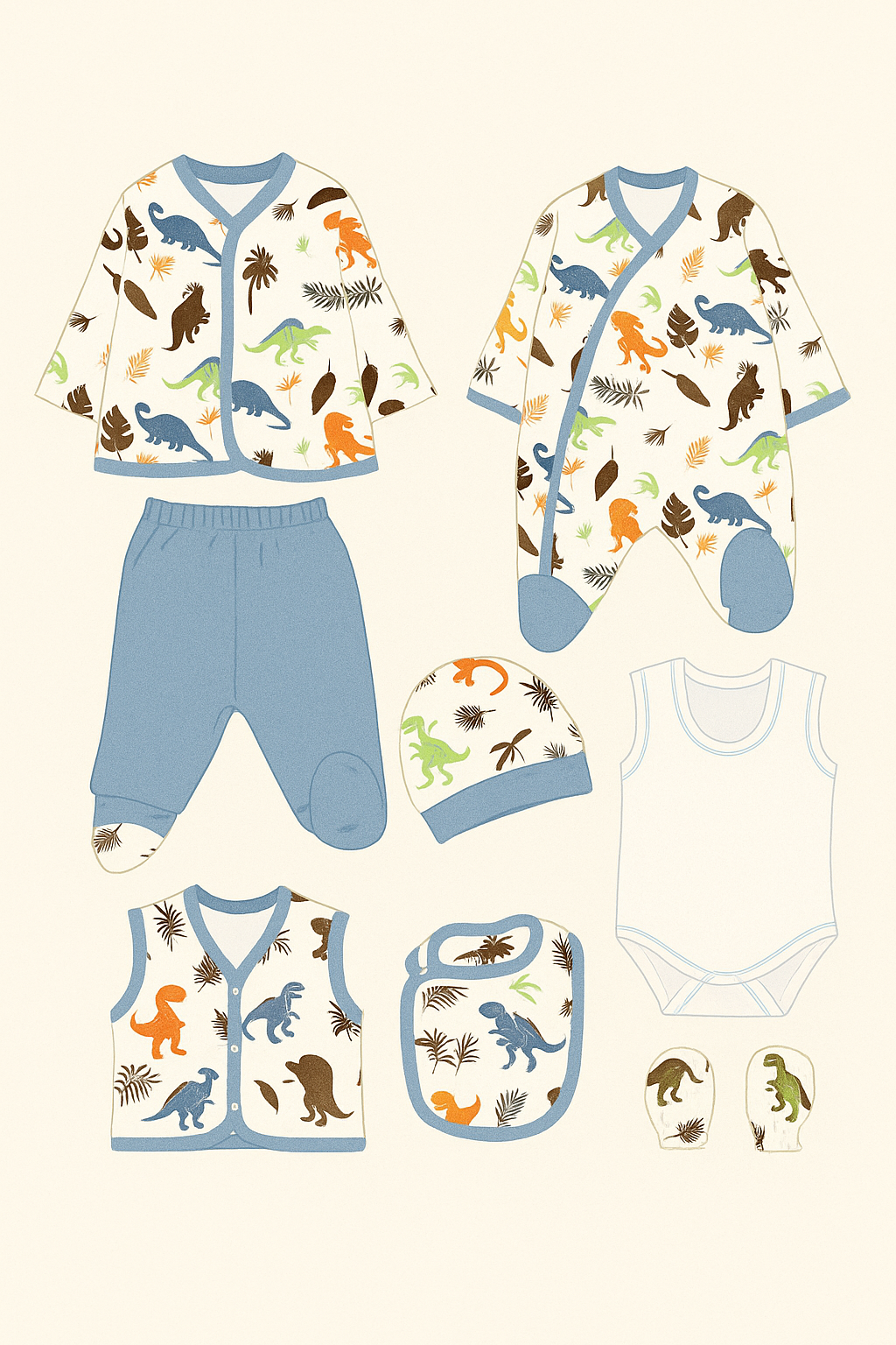 8-piece dinosaur baby clothing set for newborn boys 0–3 months in cotton

