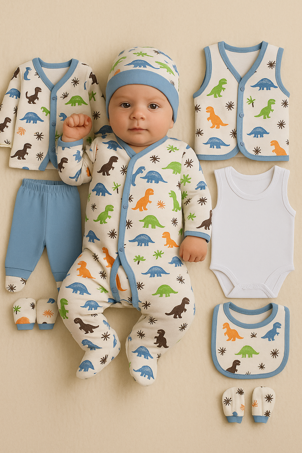 8-piece dinosaur baby clothing set for newborn boys 0–3 months in cotton

