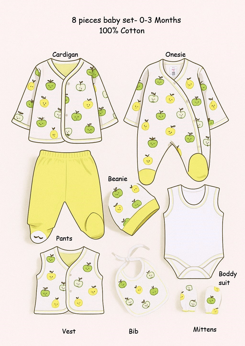 8-piece newborn baby clothing gift set with apple design in 100% cotton

