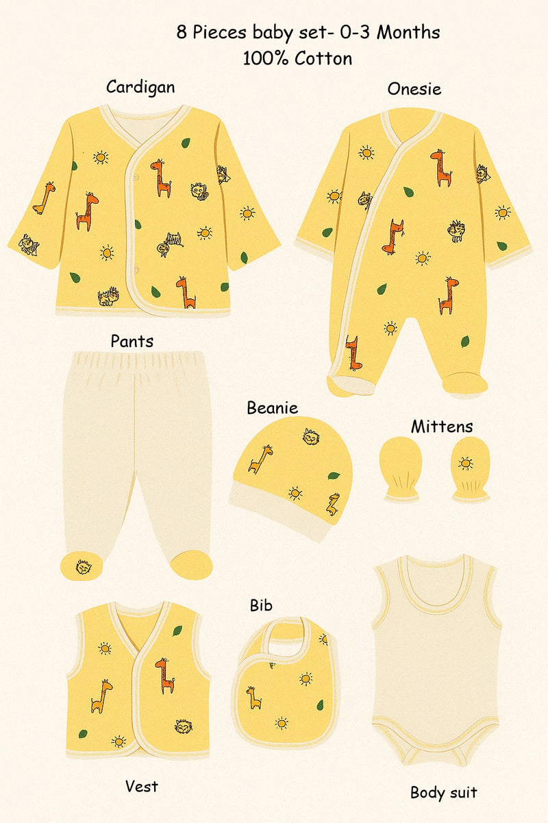 8-piece giraffe print newborn baby clothing gift set in organic cotton

