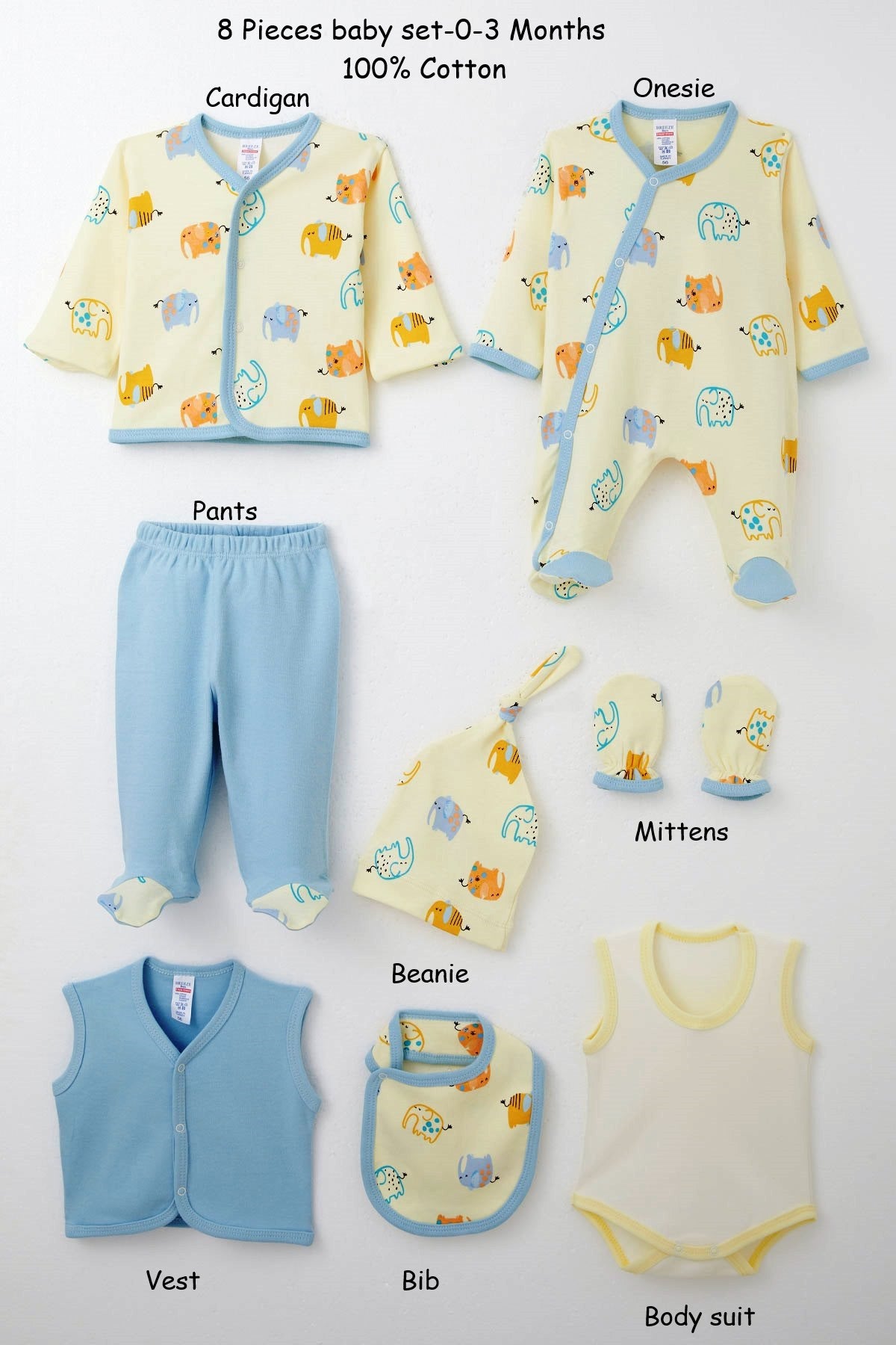 8-piece elephant design newborn baby clothing set in 100% cotton

