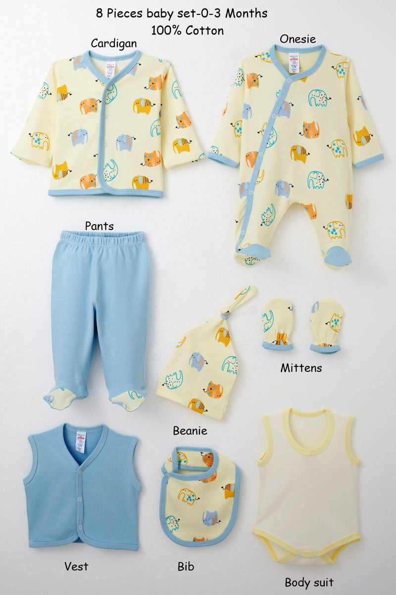 8-piece elephant design newborn baby clothing set in organic cotton

