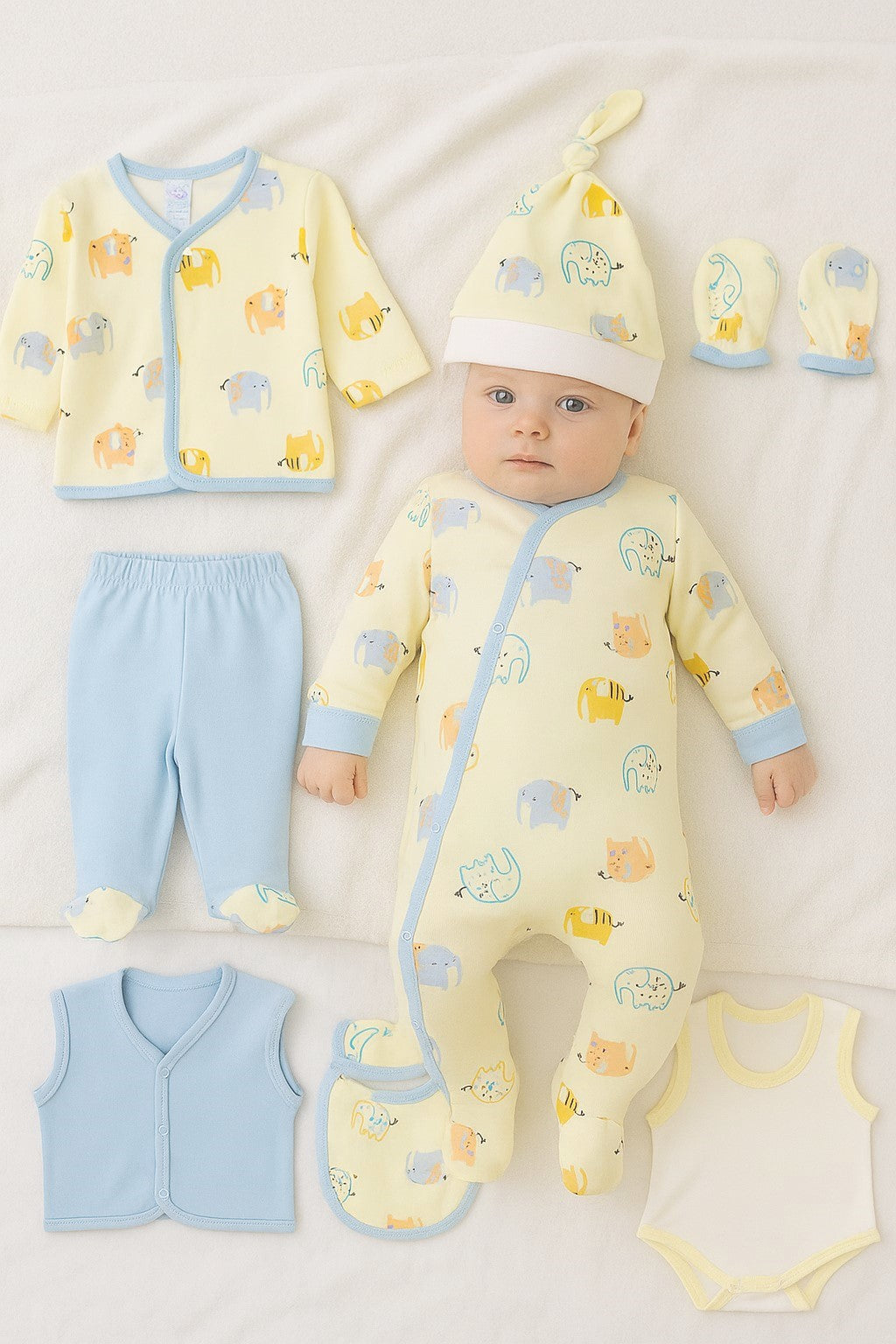 8-piece elephant design newborn baby clothing set in 100% cotton

