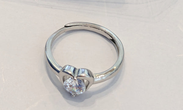 Elegant Sterling Silver adjustable Heart Ring with Sparkling Center Stone