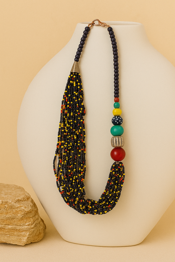 African Beaded Necklace with Glass & Ebony Wood