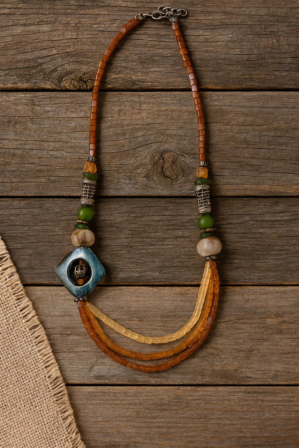 Handmade African Necklace – Recycled Glass & Bronze Elegance