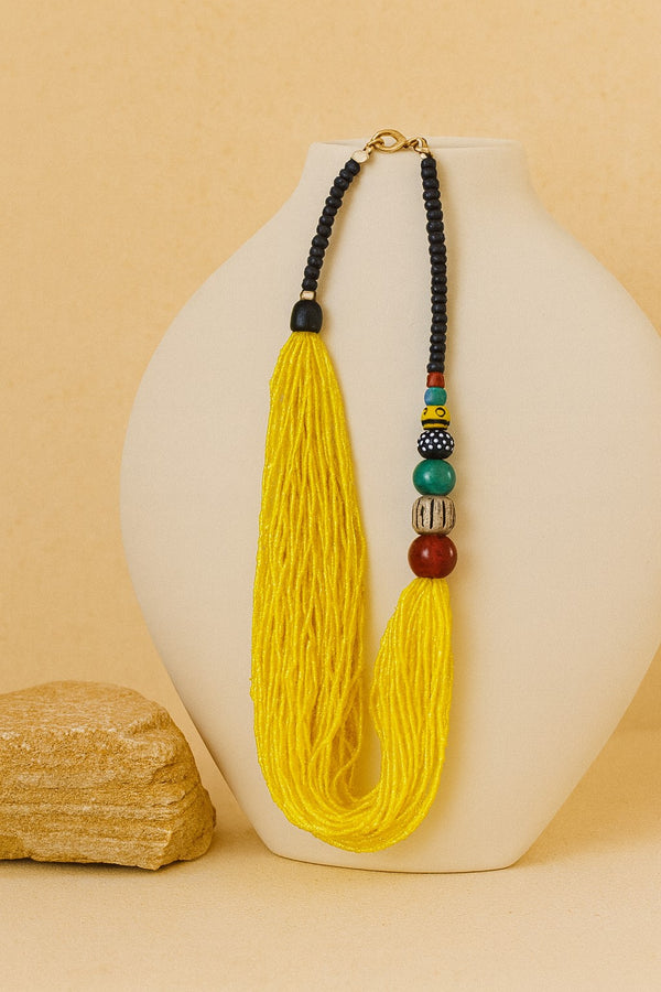 African Handmade Necklace – Recycled Glass, Swarovski Beads, Ebony Wood & Bronze