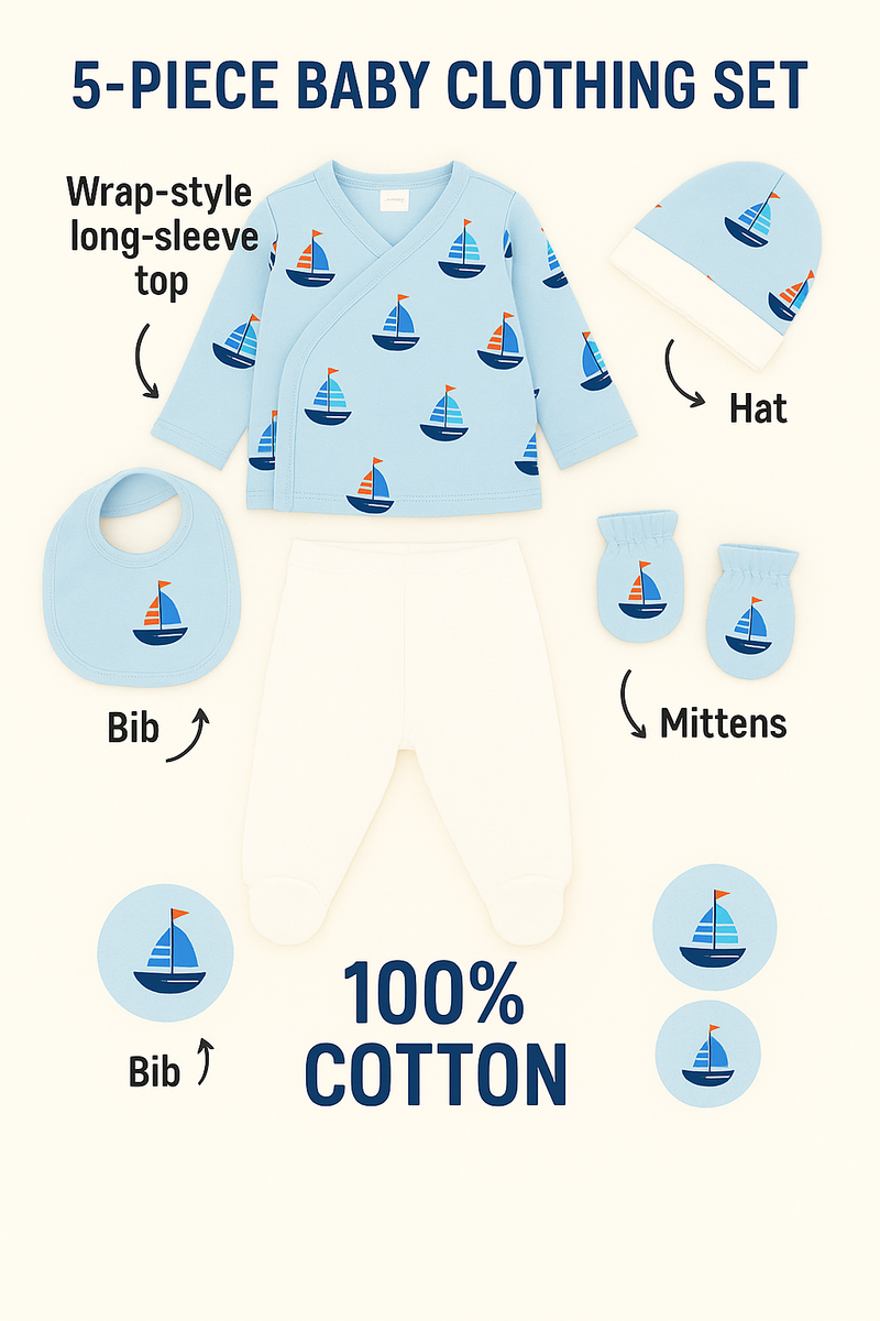 5-Piece Newborn Baby Set  Cotton Boat Print Outfit