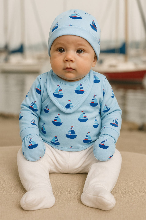 5-piece baby boat print outfit set – newborn 0–3 months – 100% cotton – made in Turkey

