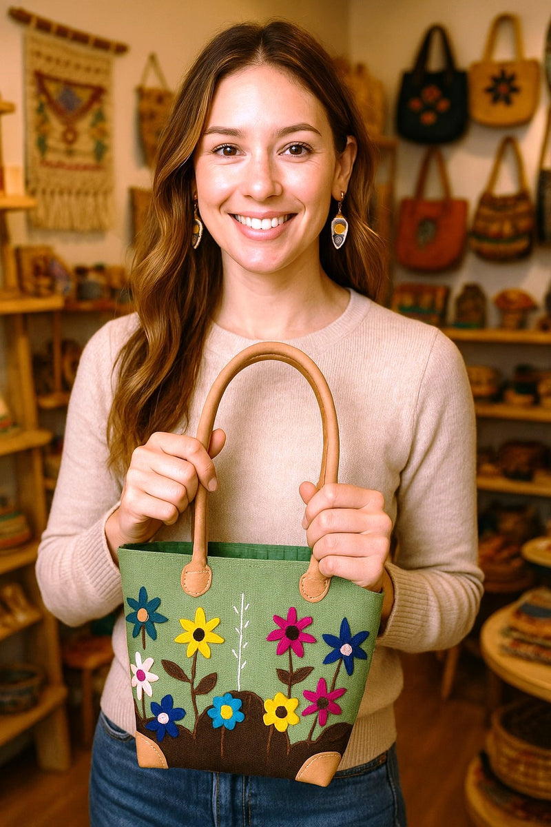 Light Green Fair Trade Basket with Handmade Floral Design

