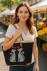 Large Black Fair Trade Basket with 2 Cats – Handmade Eco Tote

