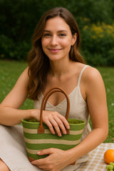 Small Green Striped Fair Trade Basket – Handmade Eco Tote from Madagascar


