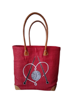 Red Knitting Basket with Embroidered Yarn & Needles Design