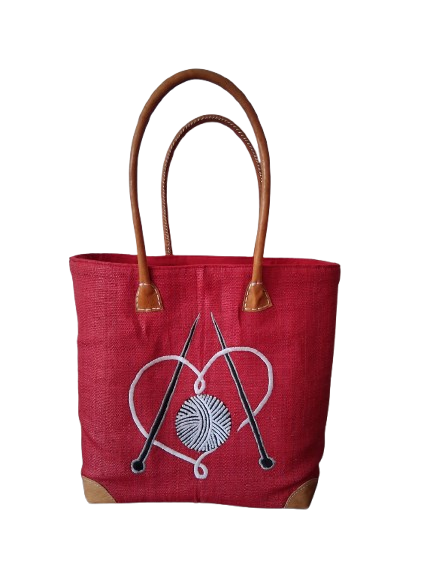 Red Knitting Basket with Embroidered Yarn & Needles Design