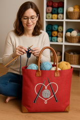 Red Knitting Basket with Embroidered Yarn & Needles Design