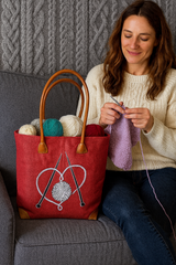 Red Knitting Basket with Embroidered Yarn & Needles Design
