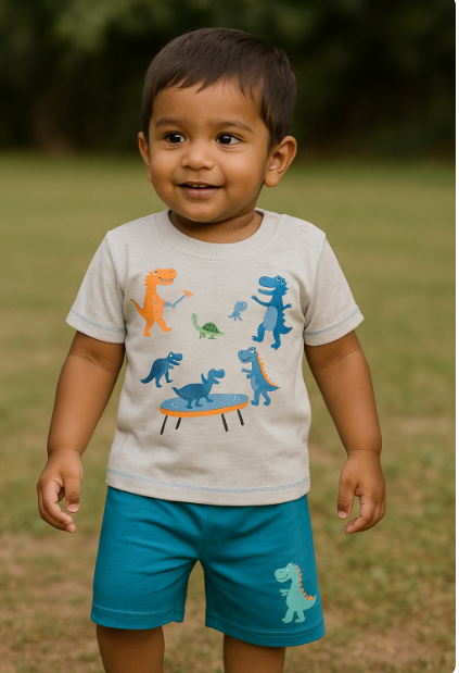 Boys dinosaur print summer outfit – top and shorts set – 100% cotton – toddler boy clothes – made in Turkey

