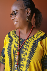 Handmade African Necklace with Kofi Beads, Glass Accents & Bronze Pendant