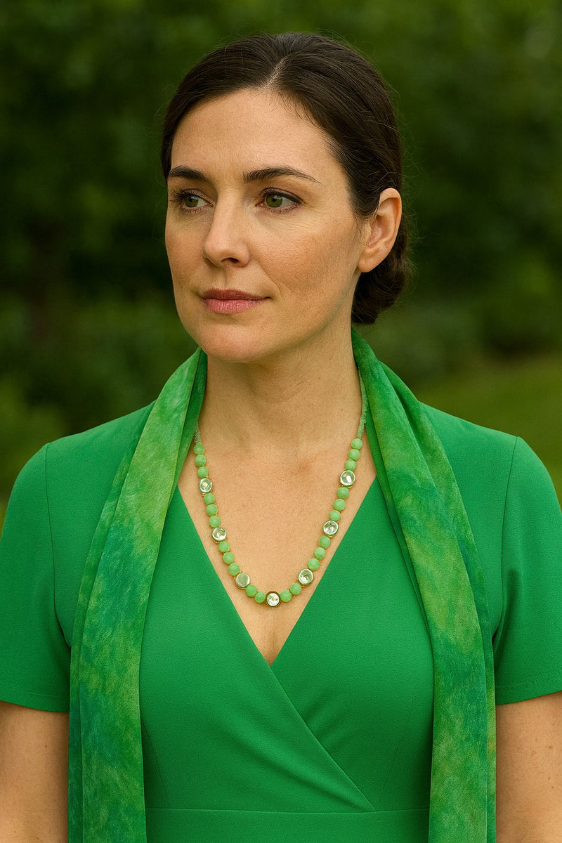One-of-a-Kind Green Natural Stone Necklace with Faceted Crystal Accents