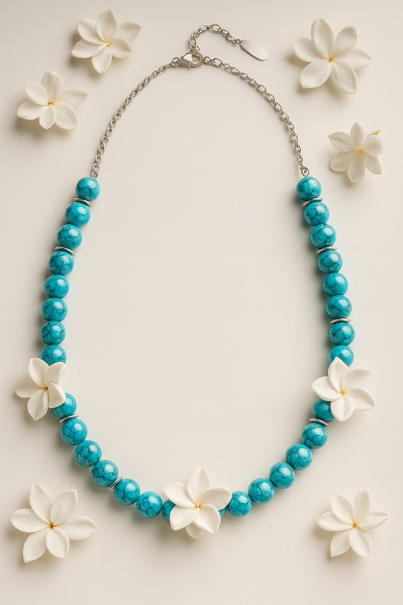One-of-a-Kind Turquoise Beaded Necklace with White Floral Accents