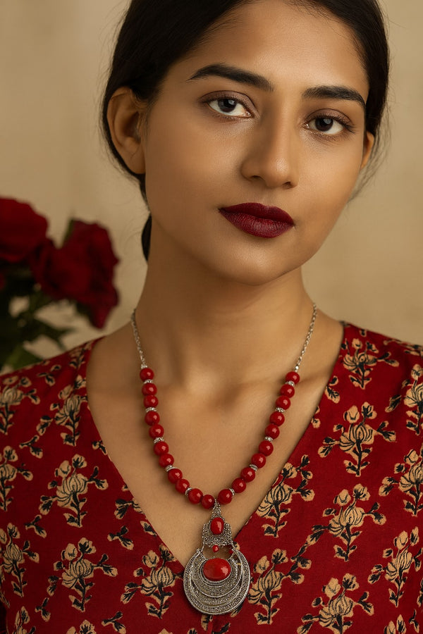 Elegant Red Beaded Pendant Necklace with Silver color centerpiece