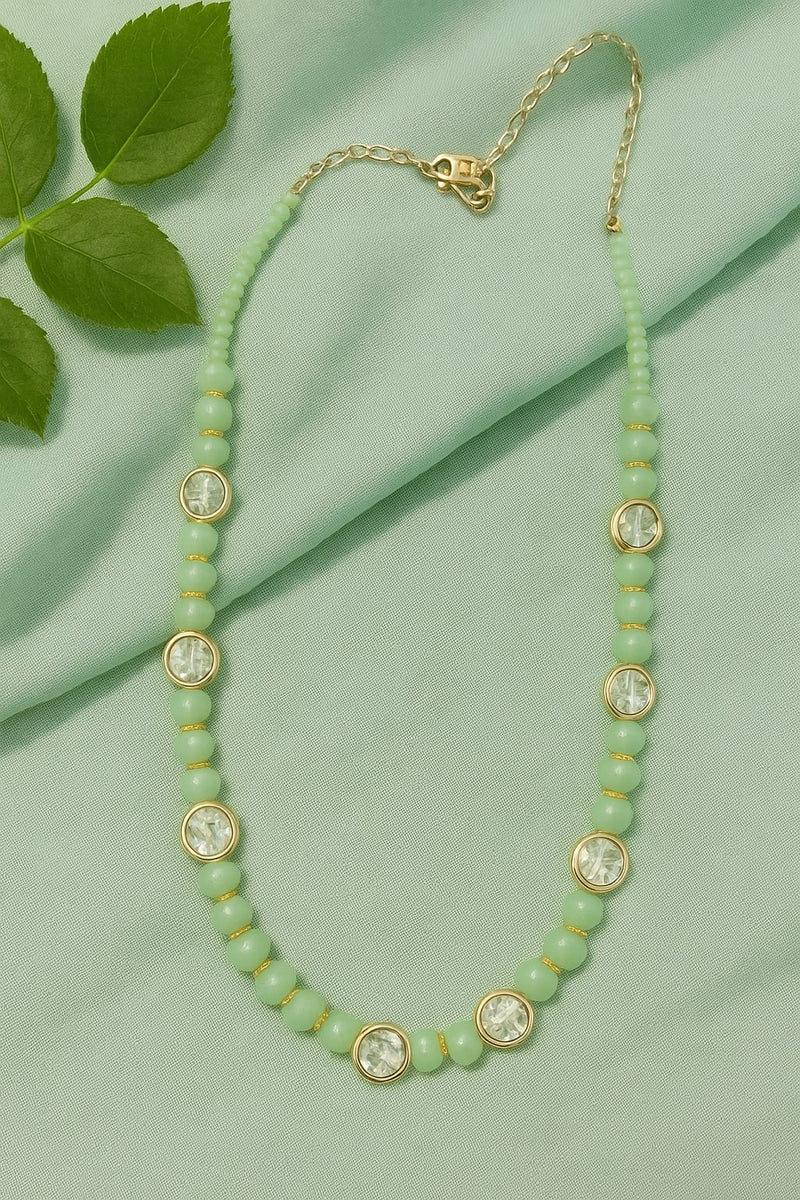One-of-a-Kind Green Natural Stone Necklace with Faceted Crystal Accents